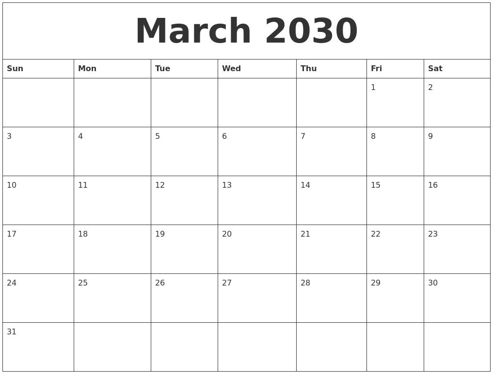 March 2030 Free Downloadable Calendar