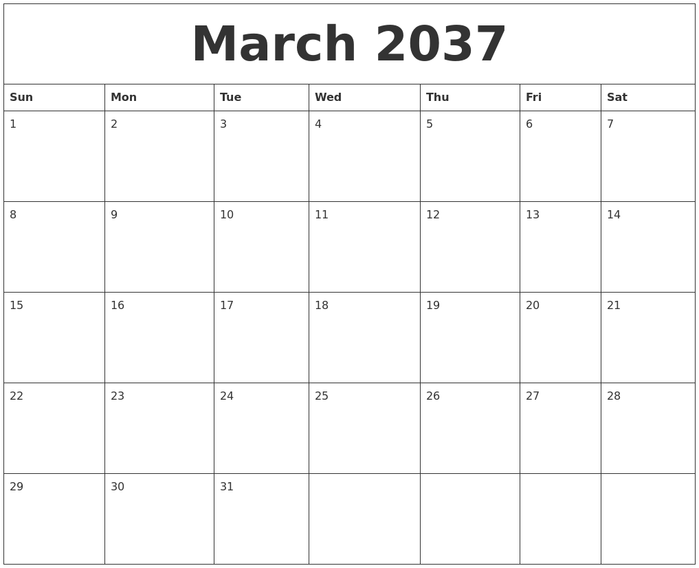March 2037 Free Blank Calendar Template