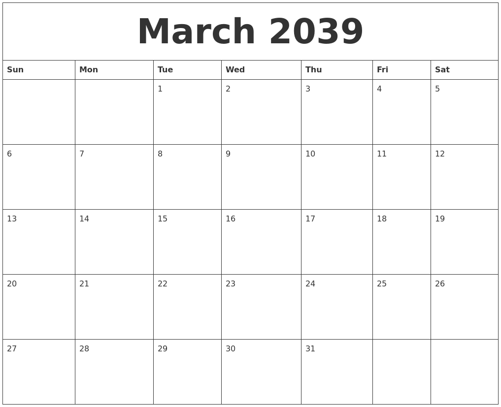 March 2039 Calendar Print Out