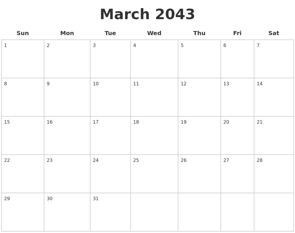 March 2043 Blank Calendar Pages