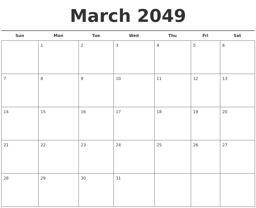 March 2049 Free Calendar Template