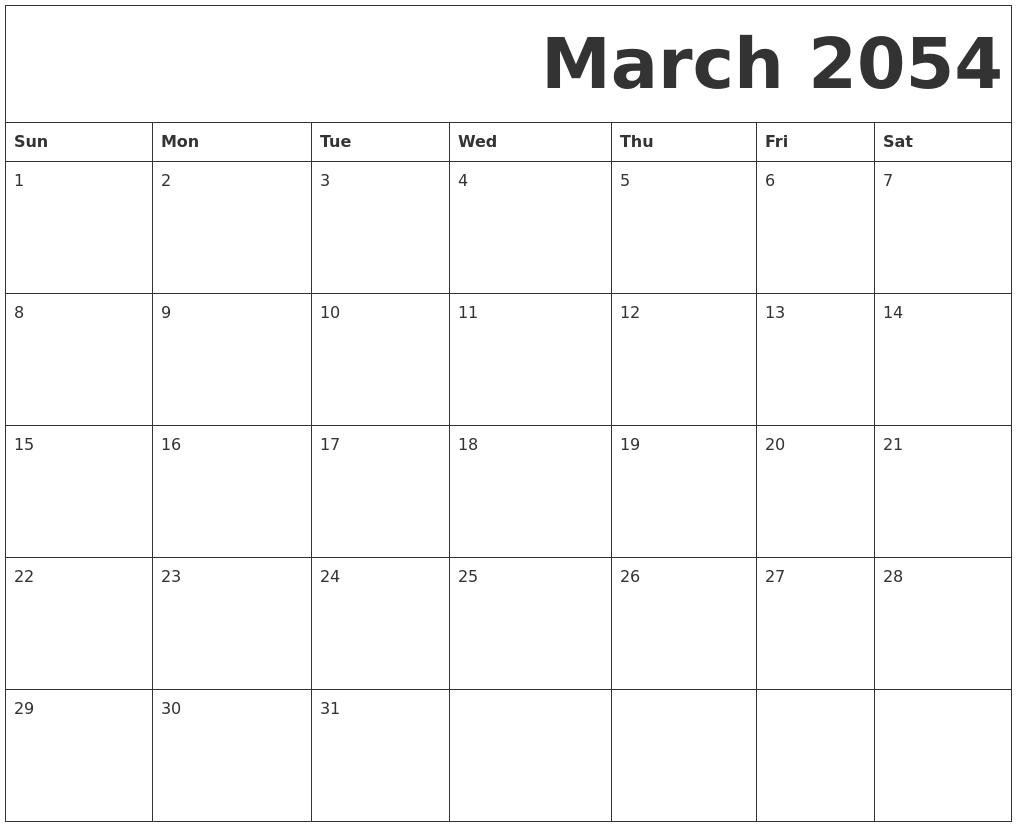 March 2054 Free Printable Calendar