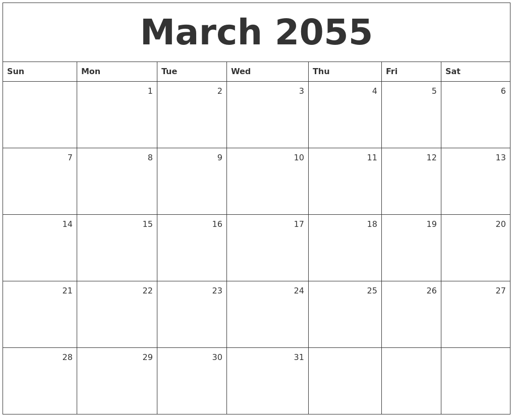 March 2055 Monthly Calendar