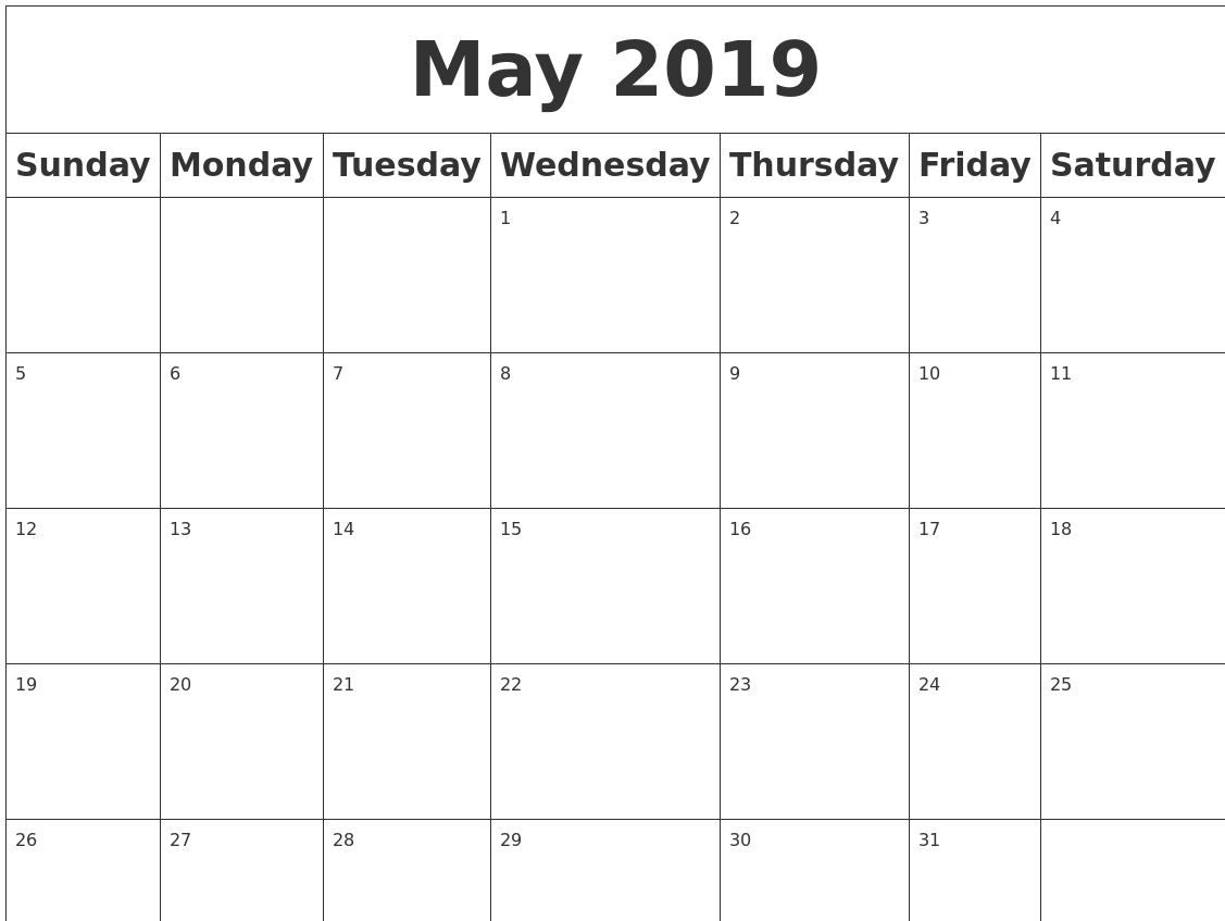 May 2019 Blank Calendar - May 2019 Blank Calendar Full Weekday