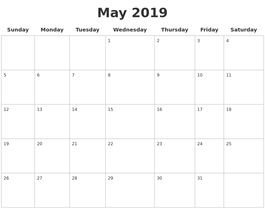 May 2019 blank calendar pages