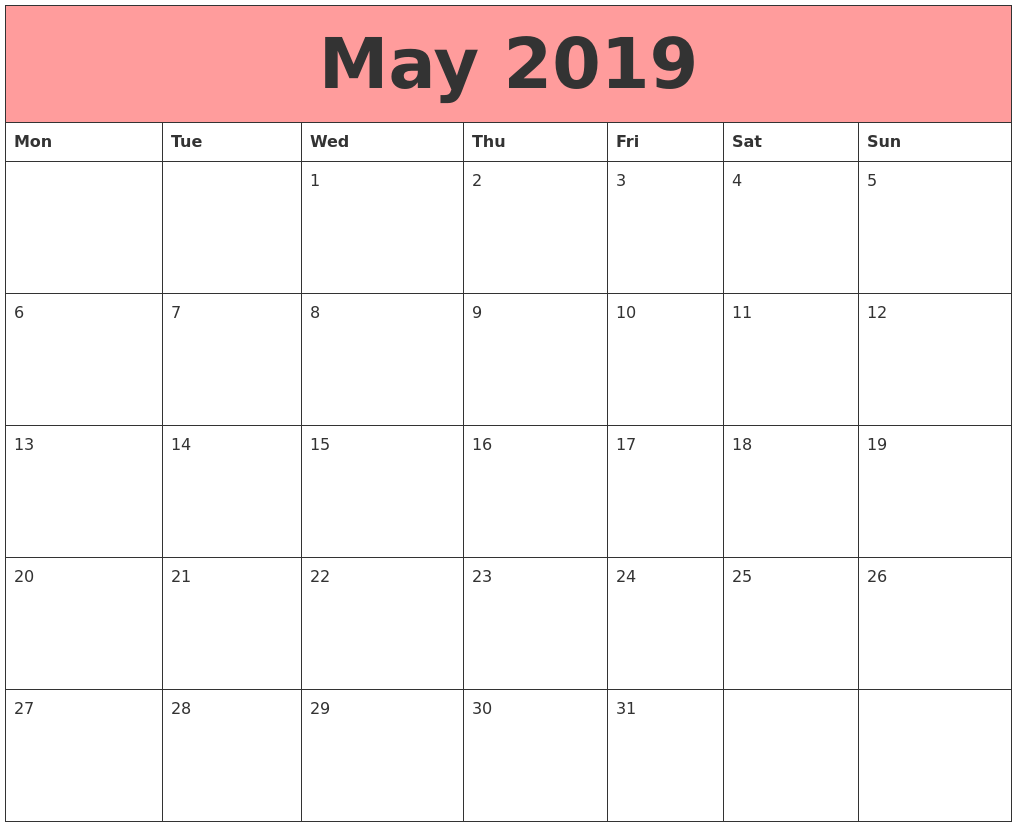 May 2019 Calendars That Work - May 2019 Calendars That Work Monday Start