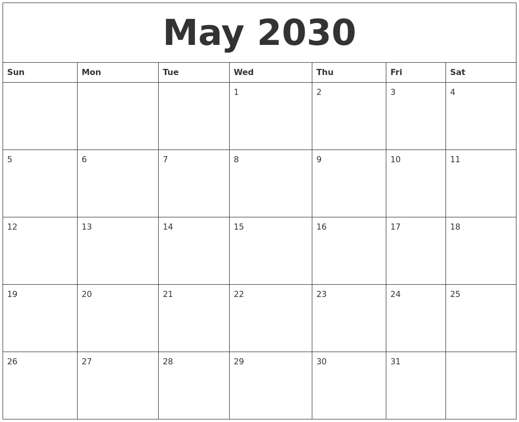 May 2030 Calendar Printable Free