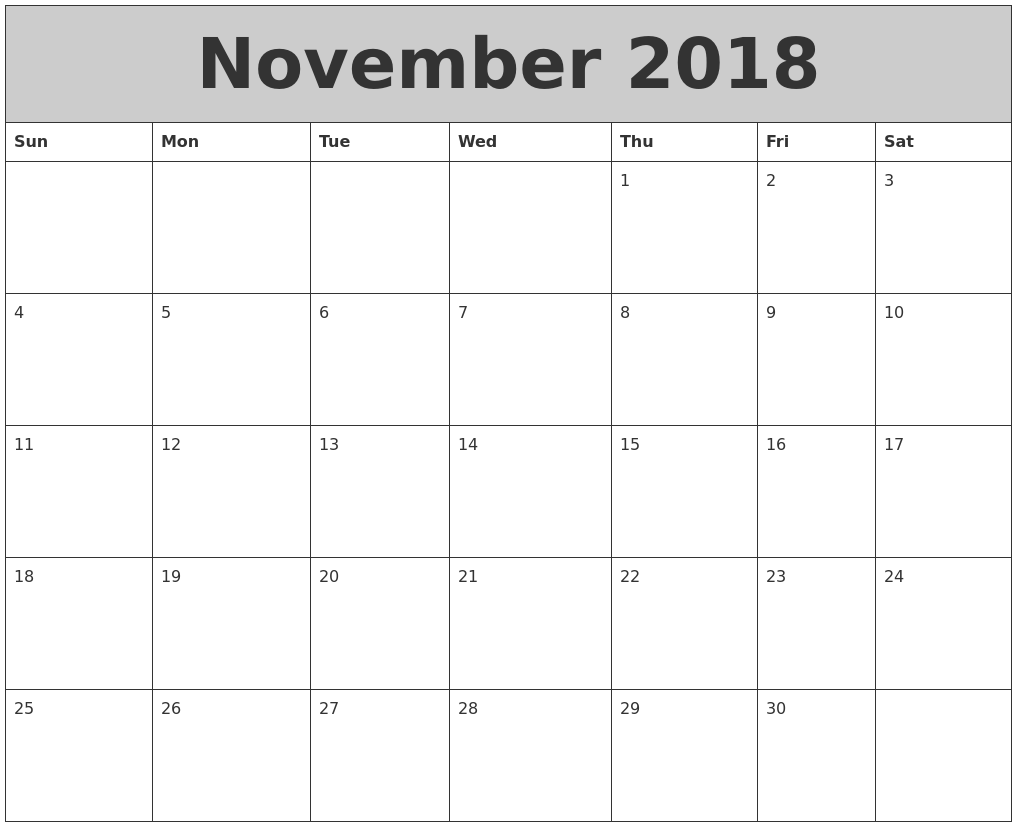 November 2018 My Calendar - November 2018 My Calendar