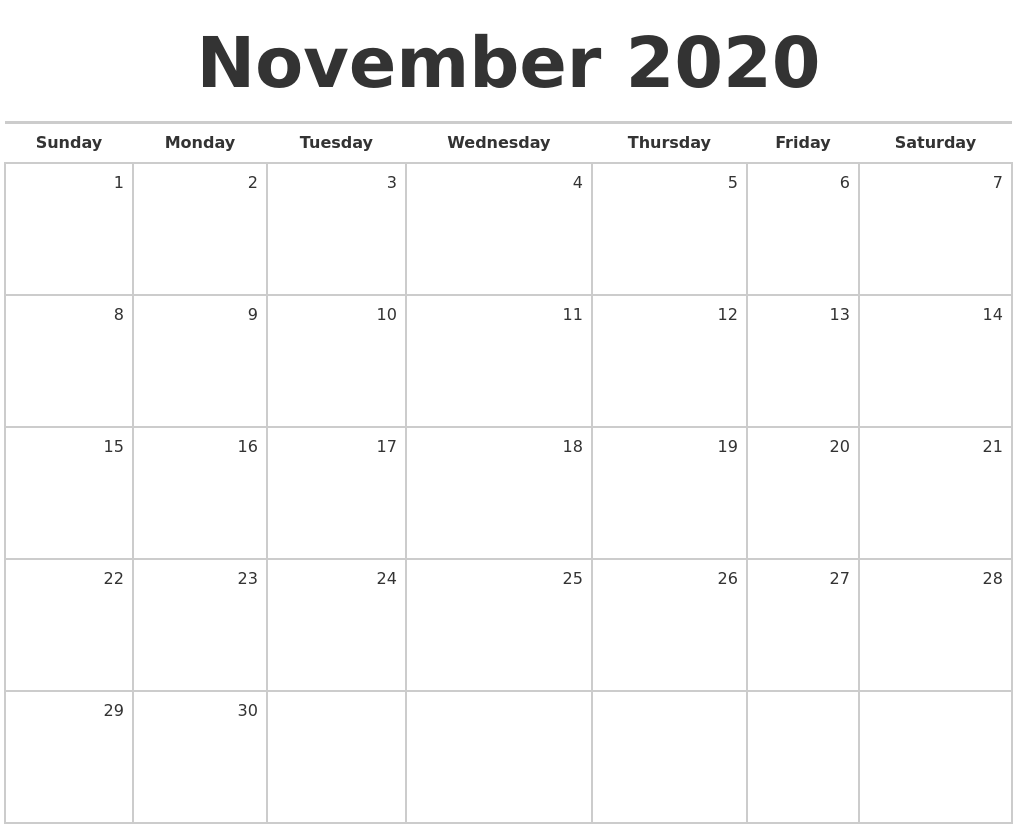 November 2020 blank monthly calendar
