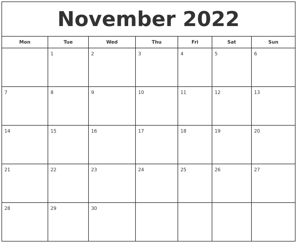 November 2022 print free calendar