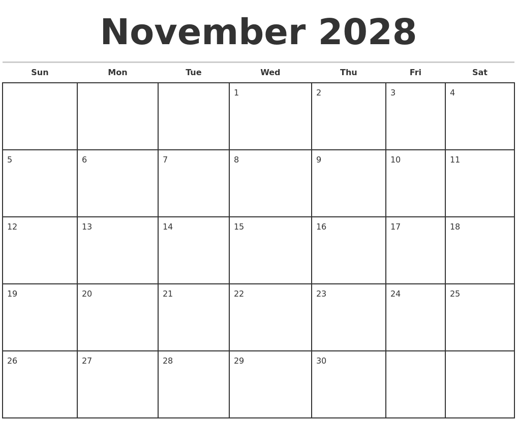 November 2028 Monthly Calendar Template