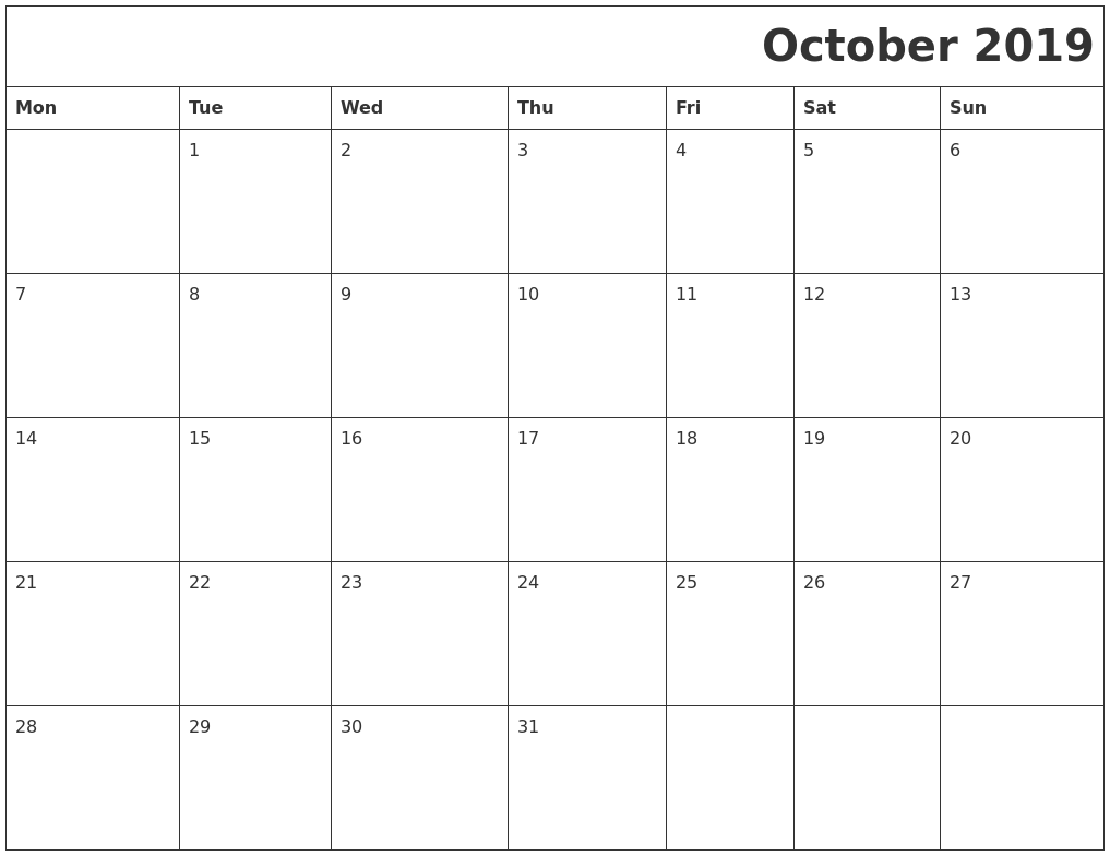 October 2019 Download Calendar - October 2019 Download Calendar Monday Start