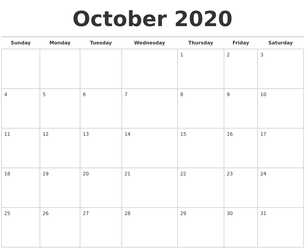 October 2020 Calendars Free - October 2020 Calendars Free Full Weekday 