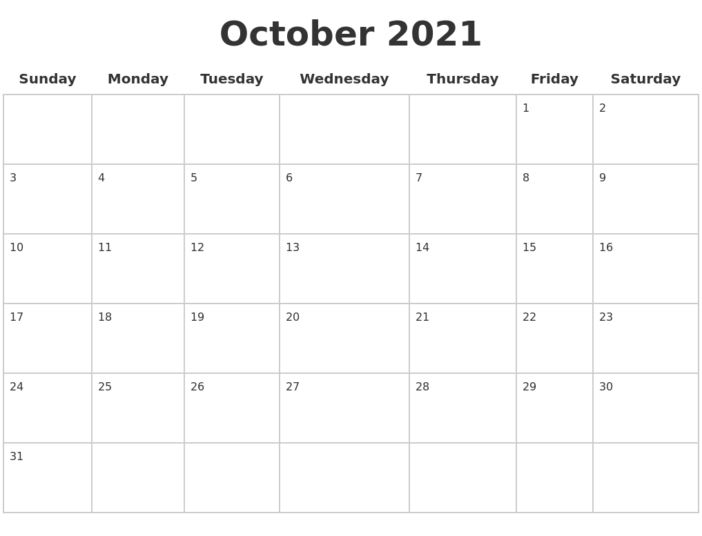 October 2021 Blank Calendar Pages