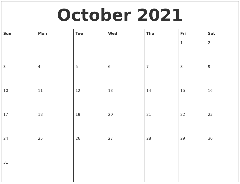 October 2021 Calendar Printable Free