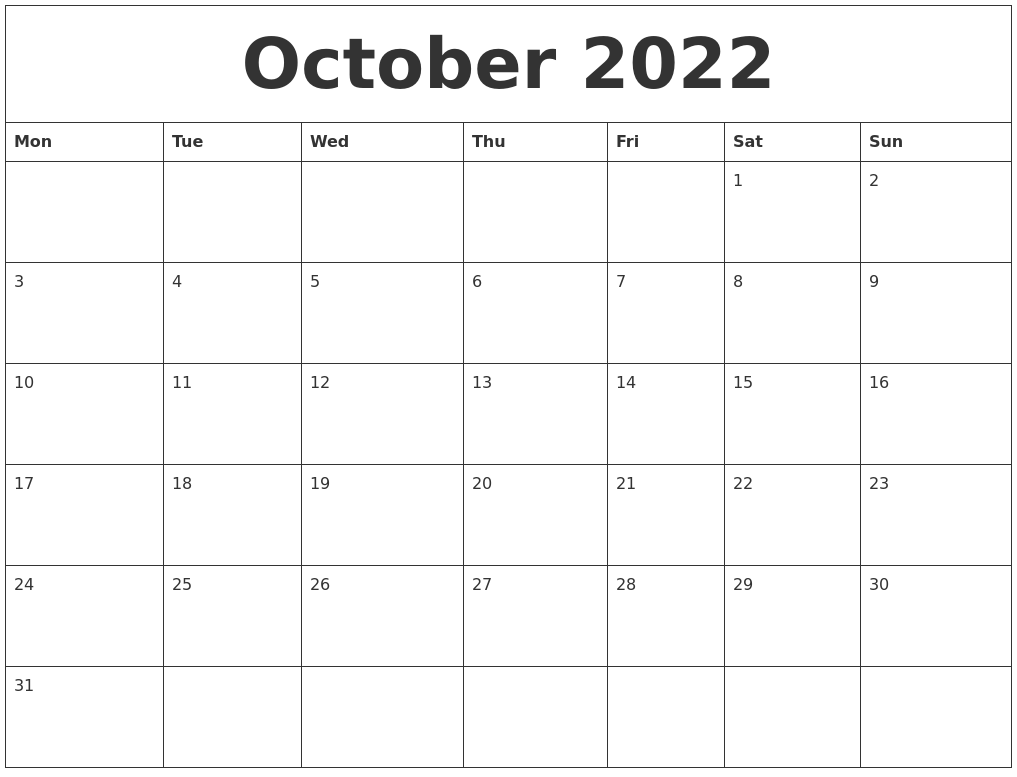 Blank Month Calendar October 2022