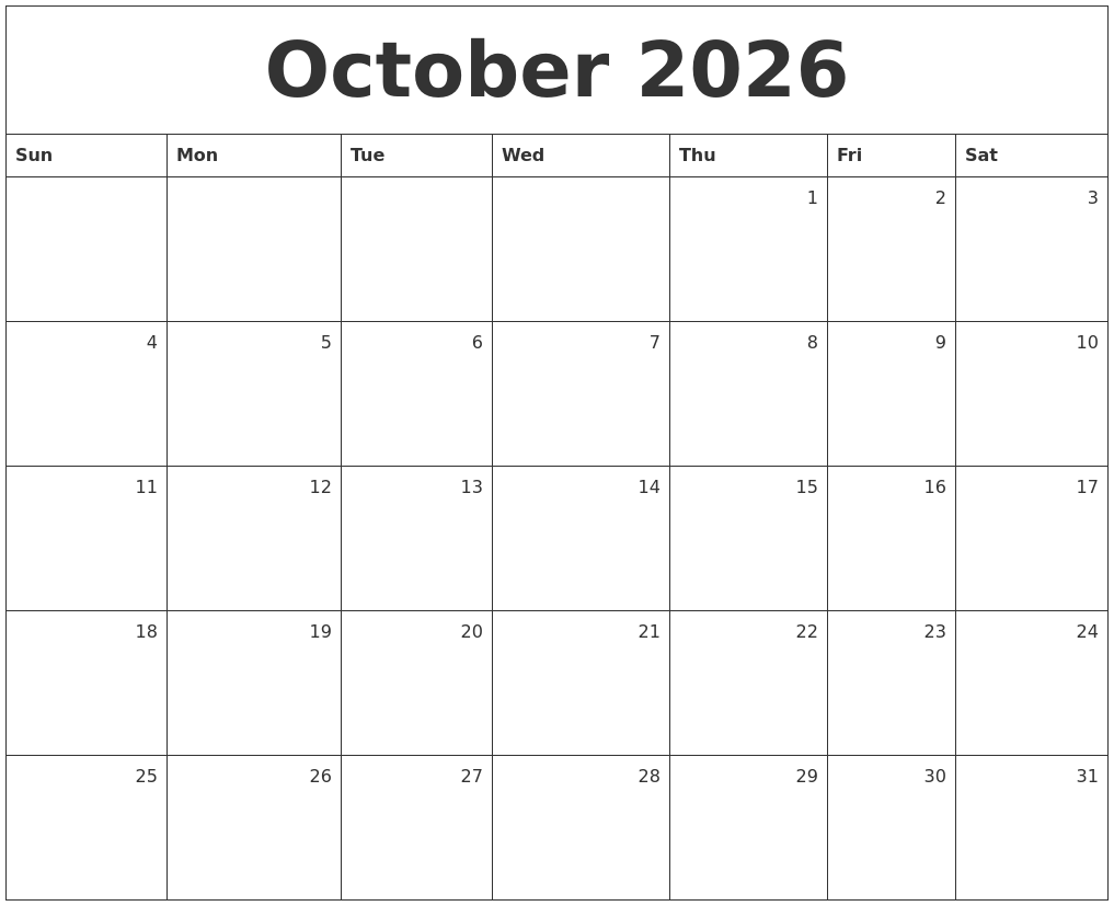 October 2026 Monthly Calendar