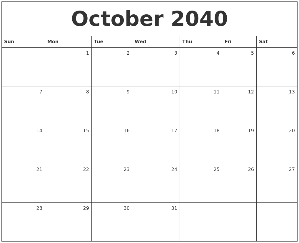 October 2040 Monthly Calendar