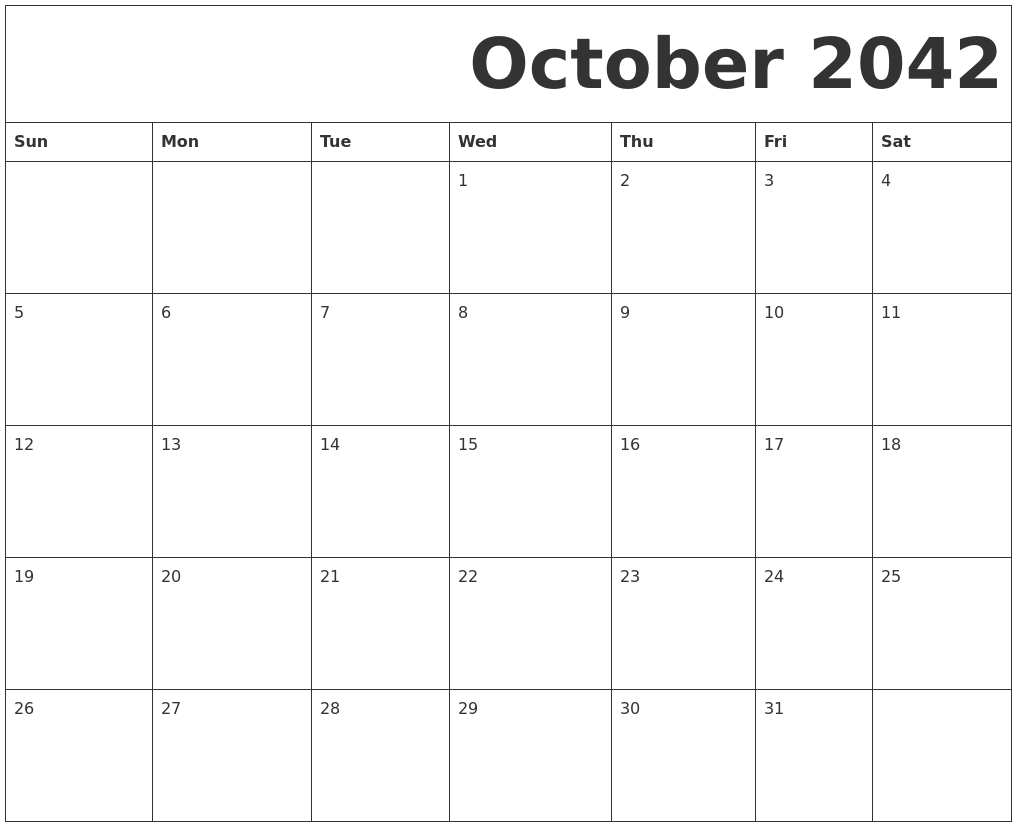 October 2042 Free Printable Calendar