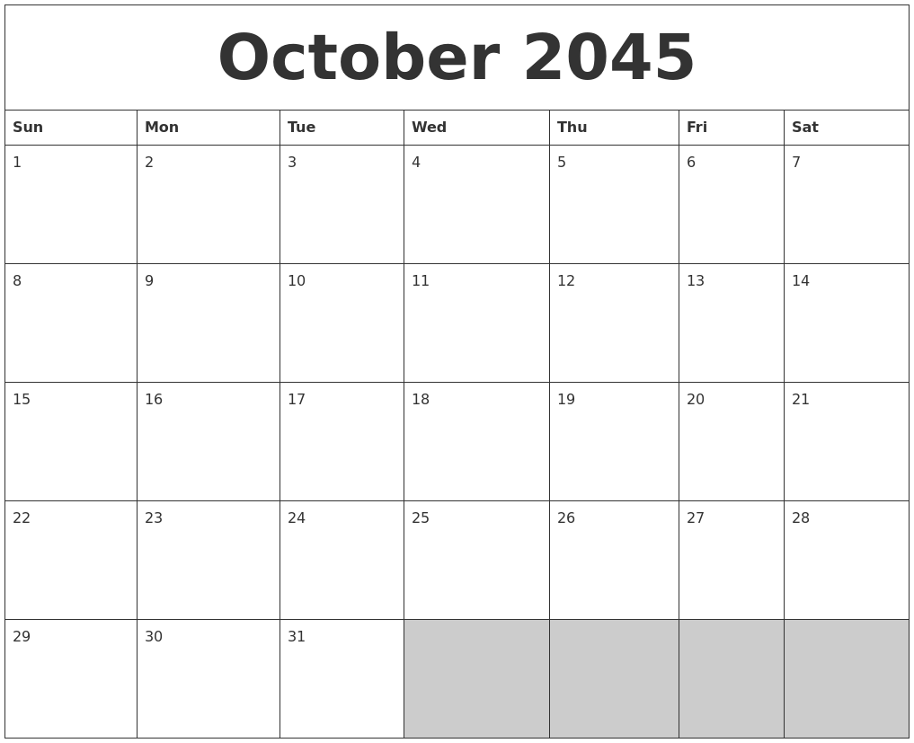 October 2045 Blank Printable Calendar