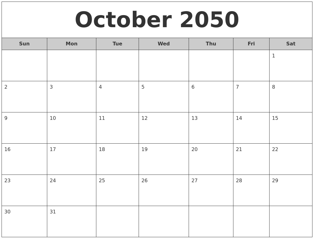October 2050 Free Monthly Calendar