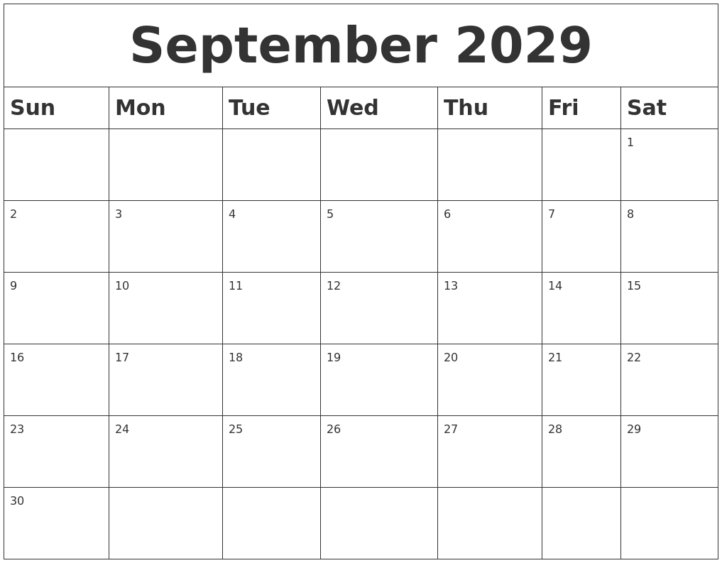 September 2029 Blank Calendar