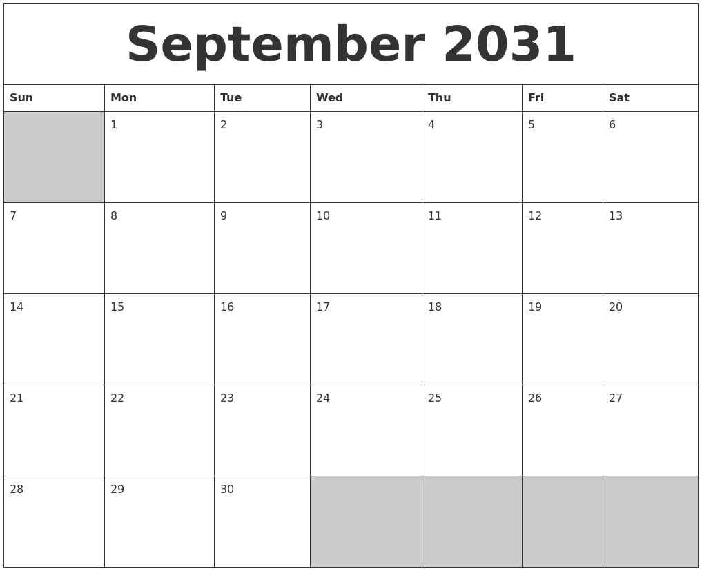 September 2031 Blank Printable Calendar