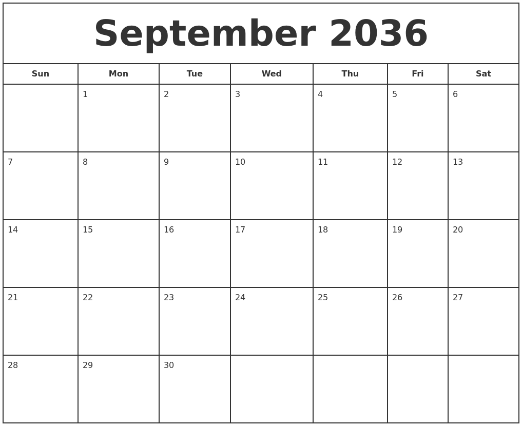 September 2036 Print Free Calendar